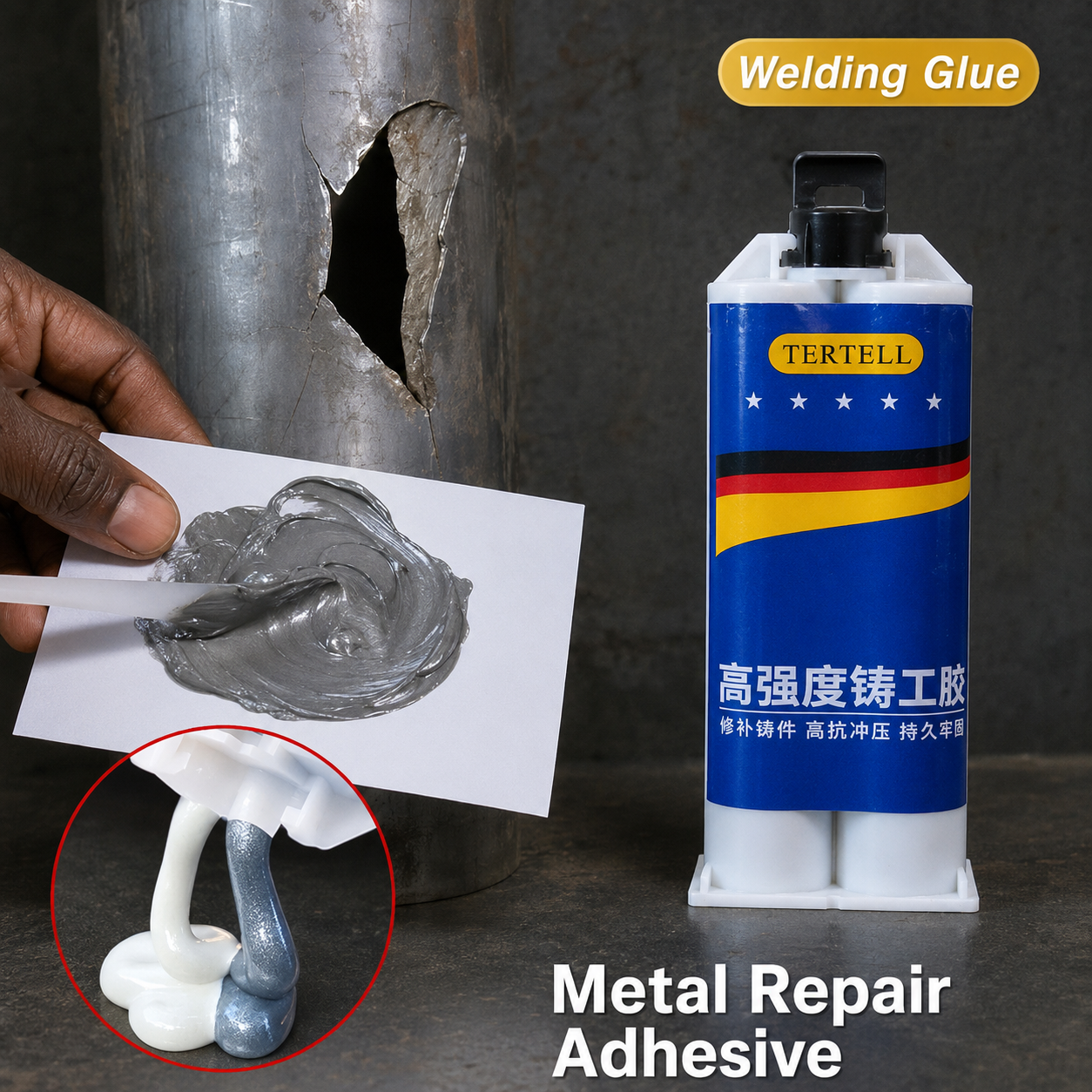 Strong metal repair bonding glue for repairing leaking pipes and broken items