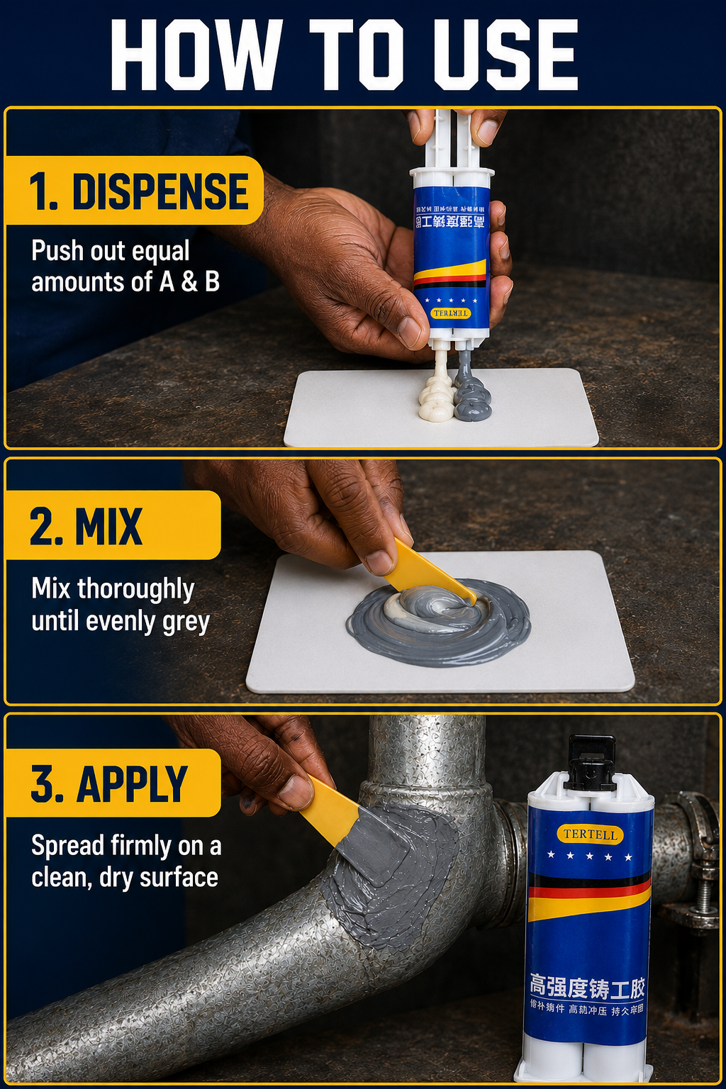 Step-by-step guide showing how to use strong metal repair bonding glue